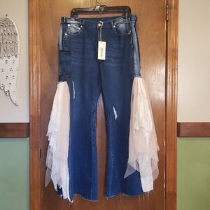 Blue Velvet New Dark Blue Wide-Leg Jeans with Cream Tulle Side Panels